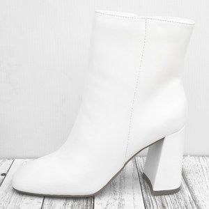 New White Chunky Heel Square Toe Bootie Ankle Boots